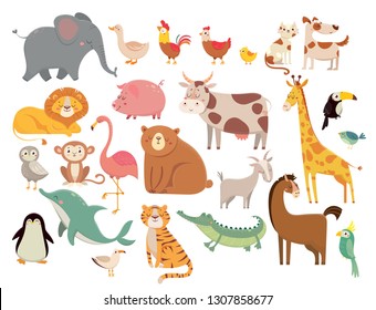 Cartoon animals. Cute elephant and lion, giraffe and crocodile, cow and chicken, dog and cat animal. Farm and savanna wild forest and marine or zoo animals  isolated icons set