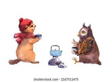 Cartoon animals drink tea. Owl and groundhog in hat and winter scarf with teapot. Watercolor artistic illustration 