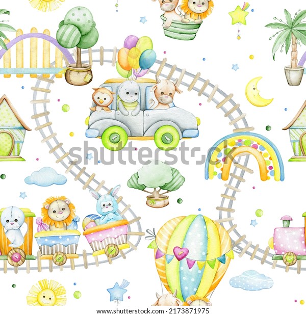 cartoon animals, train, toys,\
railway. Watercolor seamless pattern, on an isolated\
background.