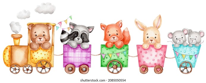 Cartoon animals train; watercolor hand drawn illustration; with white isolated background