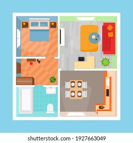 Cartoon Apartment Floor Plan Top View Card Poster Living Rooms Concept Flat Design Style. illustration of Floorplan