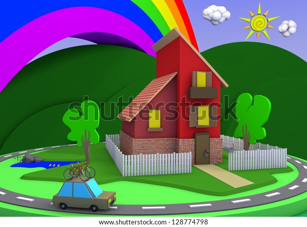Cartoon architecture house with a great landscape\
and a rainbow