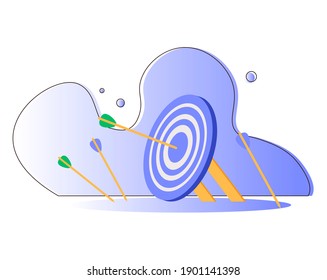Cartoon arrows missed hitting target mark isolated on white background. Multiple fail inaccurate attempt hit archery goal  illustration. Concept of business strategy and challenge failure