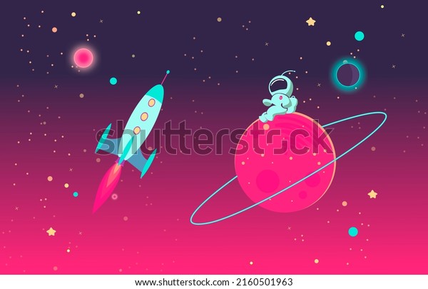 Cartoon\
Astronaut on Planet and Rocket in Outer\
Space