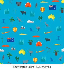 Cartoon Australia Discover Concept Travel Seamless Pattern Background Touristic Symbols Flat Design Style. Illustration