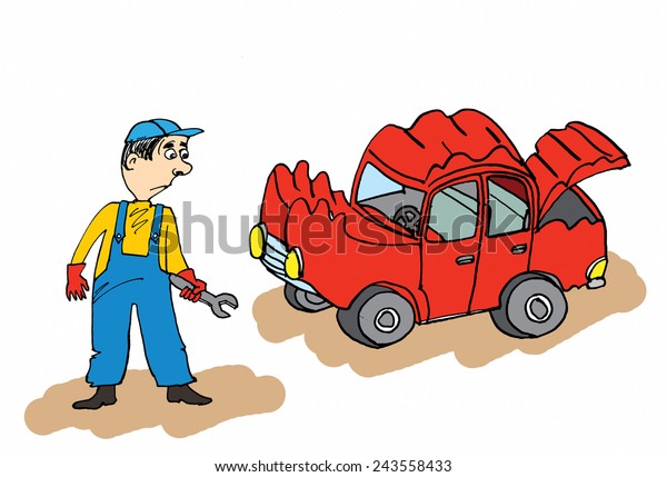Cartoon auto mechanic with\
broken car.