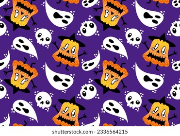 Cartoon autumn harvest season Halloween pumpkins and ghost and skulls pattern for wrapping paper and fabrics and kids clothes print and festive packaging  - Powered by Shutterstock