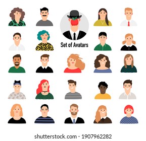 Cartoon Avatar Set With Men And Women. Business Corporate People Portraits On White Background, Female And Male With Apple Face Avatars For Young Creative Team Charechers Illustration