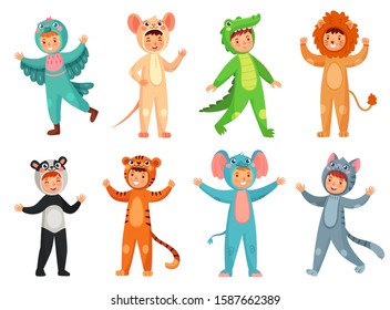 Cartoon Baby Animal Costumes. Cute Girl In Panda Costume, Little Boy In Elephant Suit And Kids Party Mascot. Halloween, Pajama Or Birthday Party Dress. Isolated  Illustration Icons Set