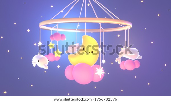 Cartoon baby crib toy. Smiling moon, dolphin,\
stars, and pink clouds in the night sky. Good night and sleep tight\
lullaby theme. 3d rendering\
picture.
