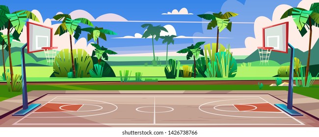 Cartoon Background Of Basketball Court On Street. Green Grass, Field With Outdoor Sport Arena. Playground For Competition, Championship. Day Backdrop With Tropic Palms And Blue Sky.
