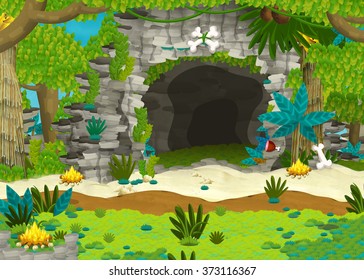 Cartoon background - cave in the jungle - illustration for the children - Shutterstock ID 373116367