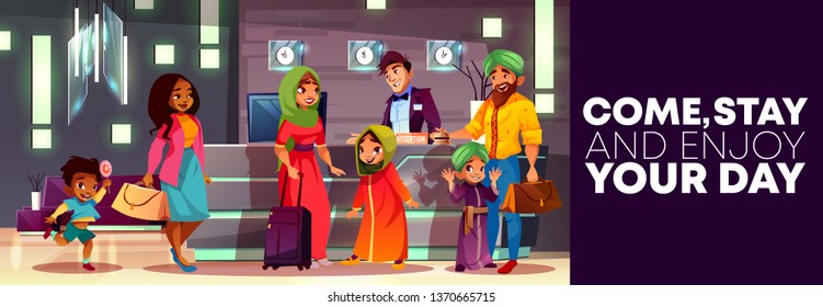 Cartoon Background Of Hotel Reception, Flyer Or Ad Poster, Banner With Arab Family, Indian People At Hall. Manager, Receptionist Behind The Desk And Tourists At Lobby, Foyer. Interior Of Inn.