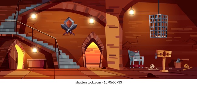 cartoon background with medieval torture hall, Romanesque room of executioner. Prison in cellar with stairs, bones on the floor. Scaffold, torment chair and metal hanging cage for punishment.