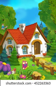 Cartoon background of an old house in the forest - illustration for the children