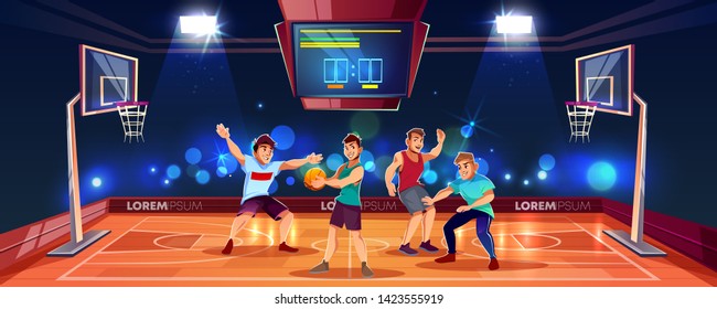 Cartoon Background With Sports People Playing Team Game On Basketball Arena. Indoor Playground In Spotlights With Electronic Scoreboard, Backboards With Rings And Baskets, Players With Ball