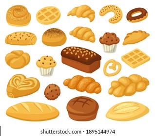 Cartoon bakery food. Pastry products, bread loaf, french baguette, and croissant. Bakery whole grain and wheat products  illustration set. Sweet donut and cupcake, buns assortment for shop