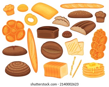 Cartoon bakery products, bread loaf, buns and pastry. Baguette, muffins, pancakes, whole wheat bread, homemade delicious pastries  set. Hot baked assortment for nutrient snack - Powered by Shutterstock