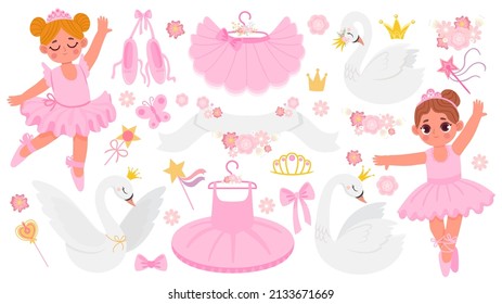 Cartoon ballet shoe, clothing, dancing ballerinas and swans. Cute ballet dance accessories and decoration. Flowers, crowns, tutu  set. Beautiful pointes and dresses on hangers, magic wands