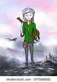 Cartoon Bard Elf With Lute. Digital Fantasy Illustration