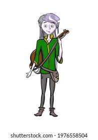 Cartoon Bard Elf With Lute. Digital Fantasy Illustration