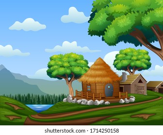 Cartoon Barn House Cabin On Hill Stock Illustration 1714250158 ...