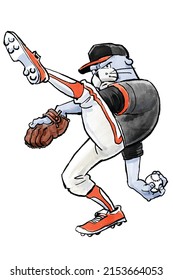 Cartoon Baseball Pitching Seal Winding Up