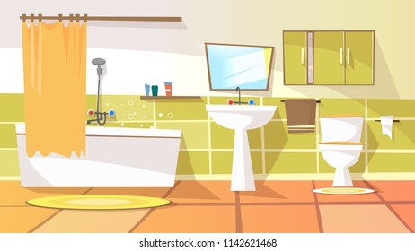  Cartoon Bathroom Interior Background Template. Modern Home, Hotel Apartment Lavatory, Restroom. Illustration With Ceramic Furniture Bathtub, Faucet Toilet Sink, Shower Mirror Closet With Mirror