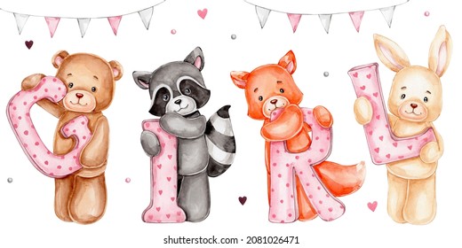 Cartoon bear, bunny, fox and raccoon and letters "GIRL"; watercolor hand drawn illustration; with white isolated background