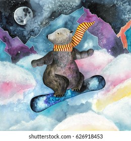 Cartoon Bear On Snowboard. Animal Illustration On Night Winter Landscape.Watercolor Painting. 