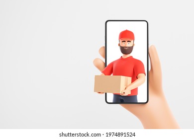 Cartoon beard character man courier in red t-shirt and cap giving cardboard box through smartphone over white background. Online shopping and delivery concept. 3d render illustration. - Powered by Shutterstock