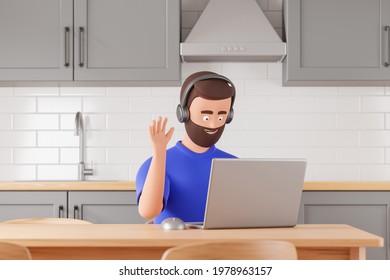 Cartoon beard character man in headphones making work or education video call on the laptop at the home gray kitchen. 3d render illustration. - Powered by Shutterstock