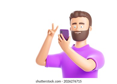 Cartoon beard character man in headphones make video call or selfie by smartphone and show victory sign with hand isolated over white background. 3d render illustration.