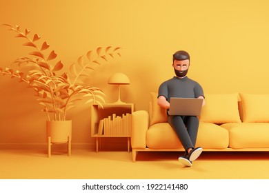 Cartoon Beard Character Man Seat On Sofa In Simple Yellow Interior With Lamp And Plant And Work At Home On Laptop. 3d Render Illustration.