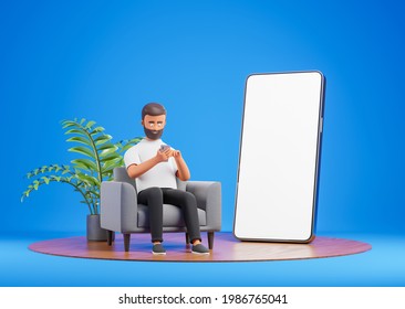 Cartoon Beard Character Man Seat On Gray Armchair On Wooden Podium With Big White Blank Screen Phone And Use Smartphone. Application Presentation. 3d Render Illustration.