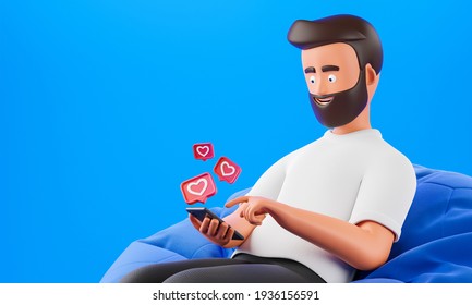 Cartoon Beard Character Man Use Smartphone With Like Heart Icons Over Blue Background. Social Network Influencer Concept. 3d Render Illustration.