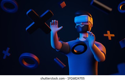 Cartoon Beard Character Man Using Vr Goggles At Virtual Reality World With Simple Geometric Forms Over Black Background. Blue And Yellow Light Future Gaming Concept. 3d Render Illustration.