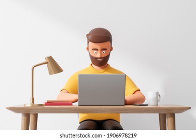 Cartoon beard character man work at laptop in home cozy interior over white wall. 3d render illustration.