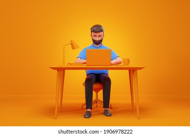 Cartoon Beard Character Man Work At Office On Laptop In Simple Orange Interior. 3d Render Illustration