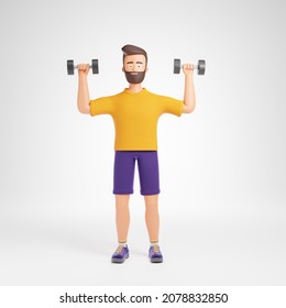 Cartoon Beard Character Man Yellow T-shirt And Purple Shorts Does Exercises With Dumbbells Isolated Over White Background. Raises Muscular Arms. 3d Render Illustration.