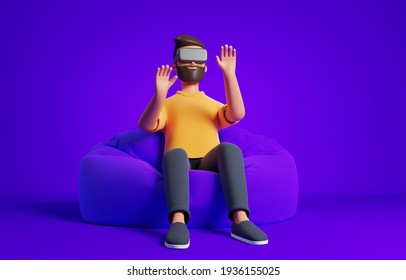 Cartoon beard character relax on bag armchair and exploring the virtual world with vr goggles over purple background. Immersive technology and 360 video concept. 3d render illustration. - Powered by Shutterstock