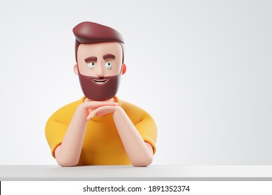 Cartoon beard cheerful man in yellow t-shirt seat at white table and think about or dreaming. 3d render illustration.