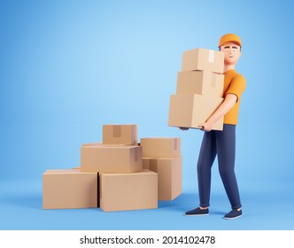 Cartoon beard delivery man yellow uniform stand over blue background with cardboard boxes. Moving service concept. 3d render illustration.