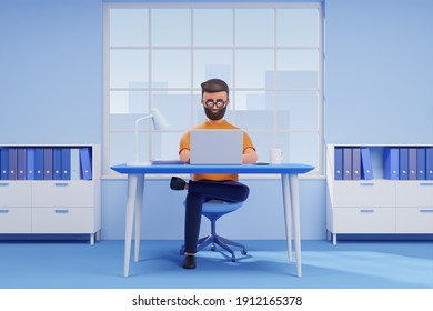 Cartoon Beard Handsome Character Casual Man Seat At Desk Working On Laptop In Blue Office. 3d Render Illustration.