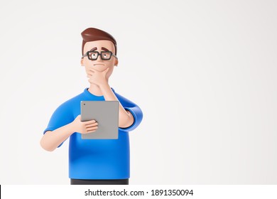 Cartoon Beard Pensive Character Man In Blue Tshirt Hold Digital Tablet And Think Dream About Over White Background. 3d Render Illustration