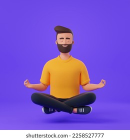 Cartoon bearded character man meditates in the lotus position over purple background. Health and relax concept. 3d render illustration. - Powered by Shutterstock