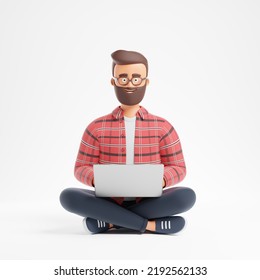 Cartoon Bearded Character Student Man Glasses Red Shirt Seat Lotus Yoga Pose Work Laptop Isolated Over White Background. 3d Render Illustration.