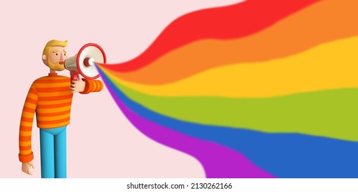Cartoon bearded man character  holding a speaker LGBT Rainbow community, Social diversity, gay relationship, large LGBT family Trendy 3d illustration
