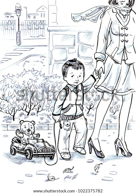 cartoon beautiful drawing of a\
small boy and his mother walking down the street in the spring\
town