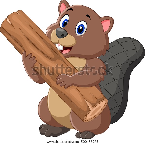 Cartoon Beaver Holding Wood Stock Illustration 500483725